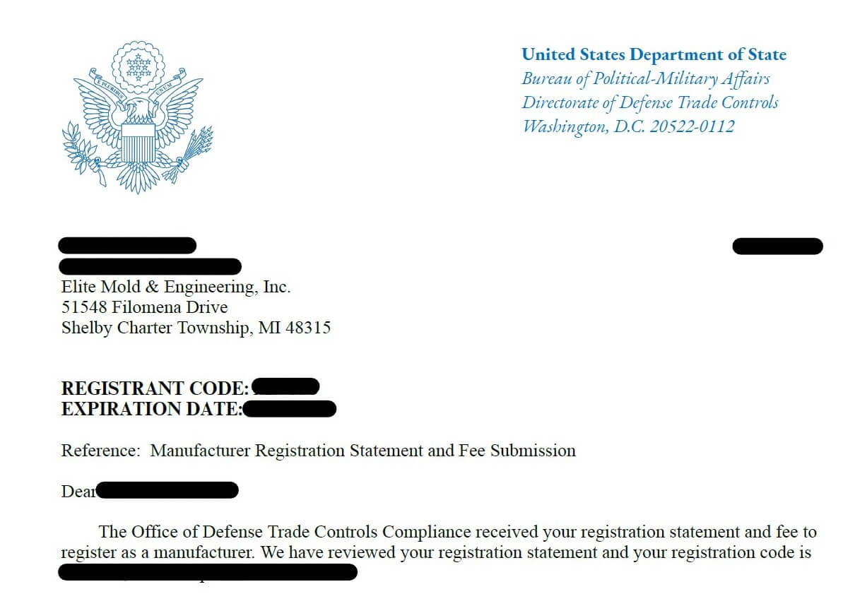 ITAR Registered Certification